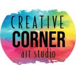 Creative Corner Art Studio in black text over a gradient watercolor rainbow circle