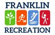 Franklin Rec Logo with green square with tree, orange square with stick person kicking ball, blue square with stick person sliding down a slide, red square with stick person hitting a base ball. 